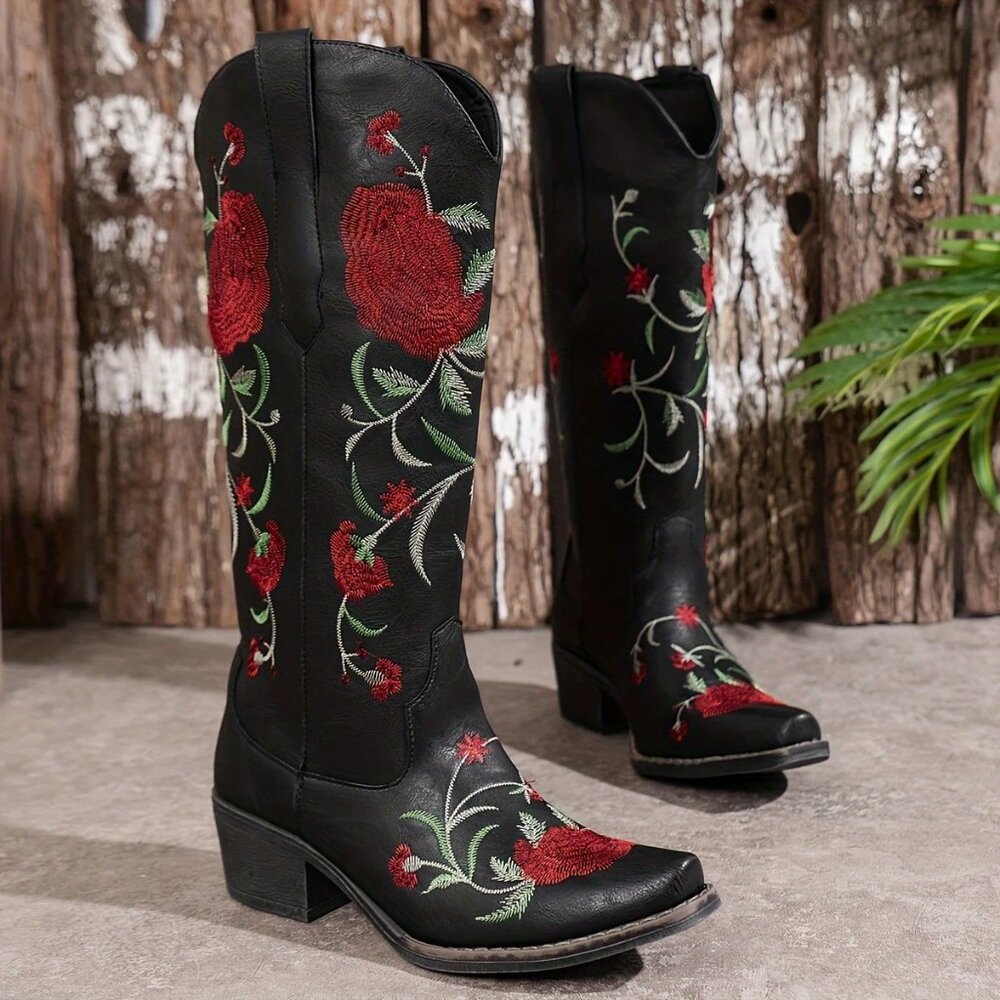 Black Rose Embroidered Cowboy Cowgirl Western Stampede Rodeo Festival Boots